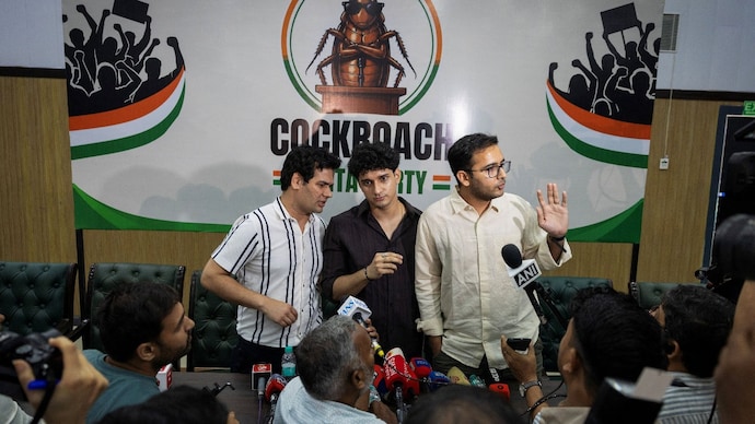 Cockroach Janta Party (CJP) spokespersons Vijeta Dahiya, Saurav Das and Ashutosh Ranka. (Image: Reuters) Cockroach Janta Party (CJP) spokespersons Vijeta Dahiya, Saurav Das and Ashutosh Ranka. (Image: Reuters)