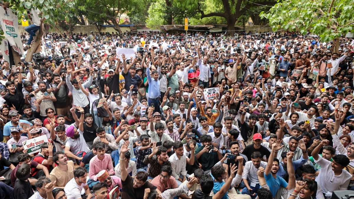 Cockroach Janta Party (CJP) supporters during a protest demanding the resignation of Union Education Minister Dharmendra Pradhan over alleged examination-related lapses, at the Jantar Mantar.