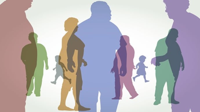 Colourful silhouettes of people with weight issues. Obesity, overweight, body fat - nutrient, Unhealthy Eating, health, diet, food, sugar, diabetes, high blood cholesterol,