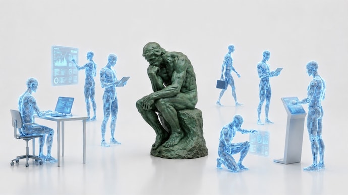 A concept image showing Rodin's famous Thinking Man sculpture surrounded by imagined AI systems. (Photo: AI generated)