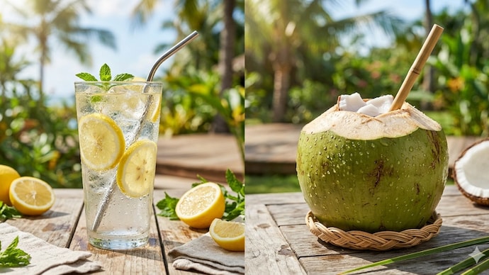 The comparison weighs lemon water against coconut water for hydration needs