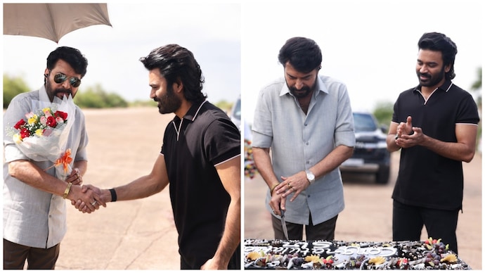 ActMammotty and Dhanush on the sets of Om. (Credit: X/Wunderbar Films) Dhanush congratulates Mammootty on Padma Bhushan with a cake-cutting celebration