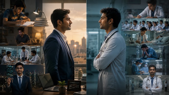 A viral post by a laid-off IIT graduate has reignited India's doctor-versus-engineer debate. (AI-generated image) Doctor vs engineer: Which career offers better pay, stability and growth?