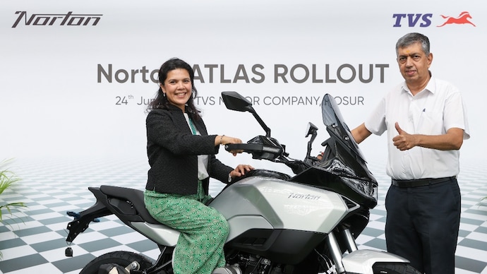 Dr Sutapa Choudhary, British Deputy High Commissioner, with KN Radhakrishnan, Director and CEO, TVS Motor Company, at the Norton Atlas rollout ceremony in Hosur.
