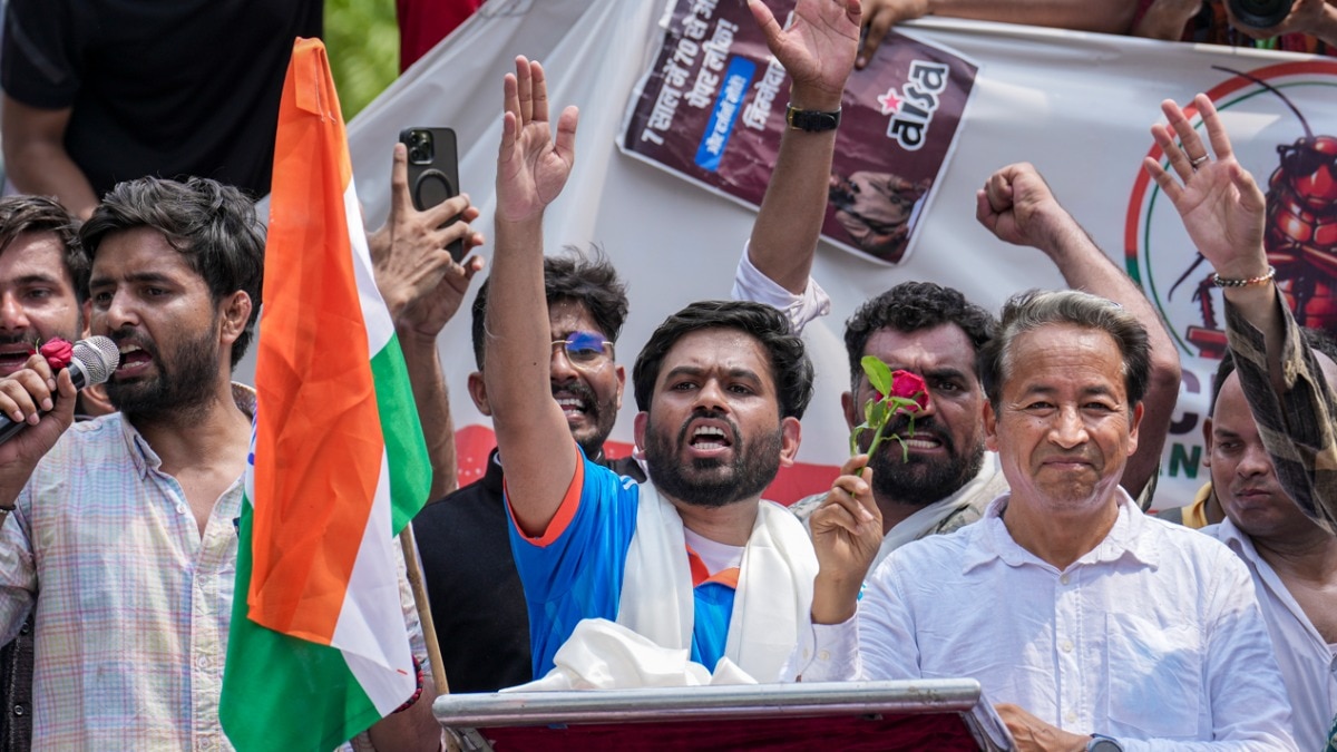 Fresh off a flight from Leh, educationist-activist Sonam Wangchuk came directly to Jantar Mantar protest site for the Cockroach Janta Party demonstrations. (PTI Image) Fresh off a flight from Leh, Wangchuk came directly to Jantar Mantar protest site for the CJP demonstrations. (PTI Image)