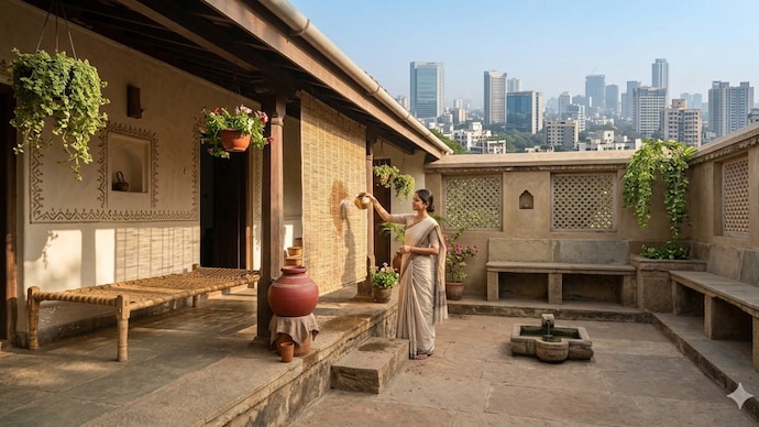 From clay pots and khus screens to courtyards and verandas, traditional Indian homes used clever cooling techniques that remain relevant as temperatures and electricity costs continue to rise. (AI image generated) From clay pots and khus screens to courtyards and verandas, traditional Indian homes used clever cooling techniques that remain relevant as temperatures and electricity costs continue to rise.
