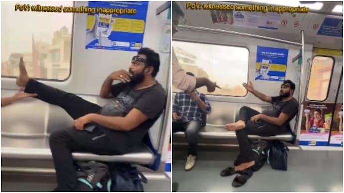 Hyderabad man puts feet up on seats in metro, passenger calls him out in video (Photos: @amshilparaghu/X) Hyderabad man puts feet up on seats in metro, passenger calls him out in video