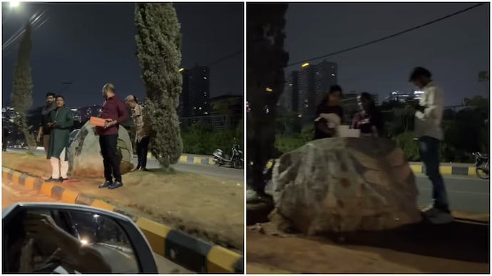 Hyderabad man spots people cutting cakes on divider in bizarre birthday celebration (Photos: @theonlyparikshit/Instagram) Hyderabad man spots people cutting cakes on divider in bizarre birthday celebration