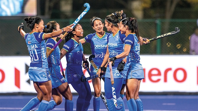 HARD STRIKE: The team celebrating their second goal against Wales at the FIH Hockey World Cup 2026 Qualifiers in Hyderabad, Mar. 11. (Photo: worldsportpics.Com/Frank Uijlenbroek)