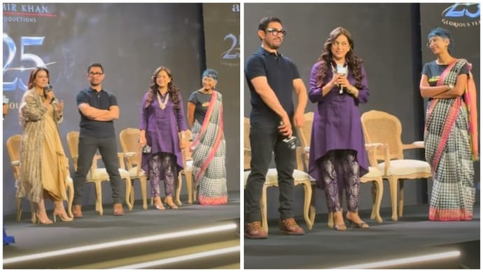Kajol (Left) and Juhi Chawla (Right) recalled their working experience with Aamir Khan (Centre) at a Mumbai event. Kajol, Juhi Chawla tease Aamir Khan at Lagaan event: He has great taste in women