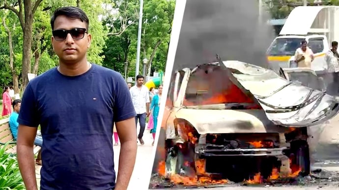 A powerful explosion ripped through the vehicle, engulfing it in flames. Nagendra was trapped inside and burnt alive.