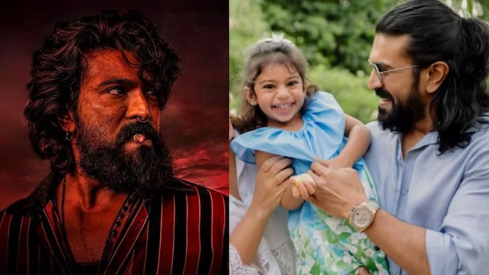 Ram Charan with his daughter Klin Kaara (R) and on a poster of Peddi.
