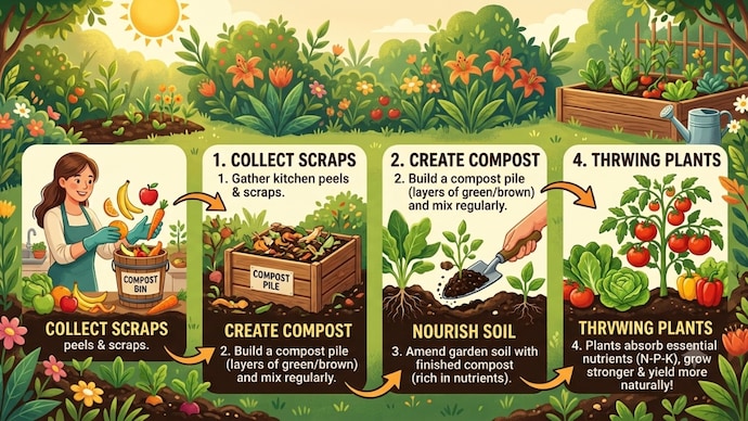 Kitchen fruit and vegetable peels can be reused to make a natural liquid feed for plants. It is an easy, low-cost way to support healthy growth and reduce kitchen waste. (AI generated image)
