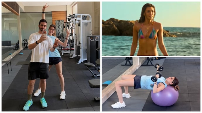 Karan Sahni with Kriti Sanon (left), Kriti Sanon (top right) in a scene from Cocktail 2; Kriti Sanon during her training session (bottom right). (Credit: Instagram/karansavni11) Kriti Sanon's trainer explains how she achieved her toned look for Cocktail 2 bikini scene