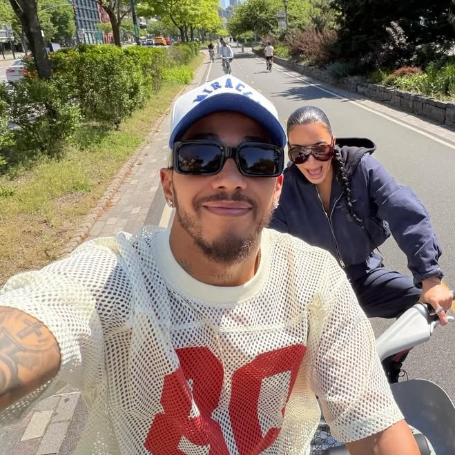 Kim Kardashian nearly crashes her bike, Lewis Hamilton catches it on camera. Watch