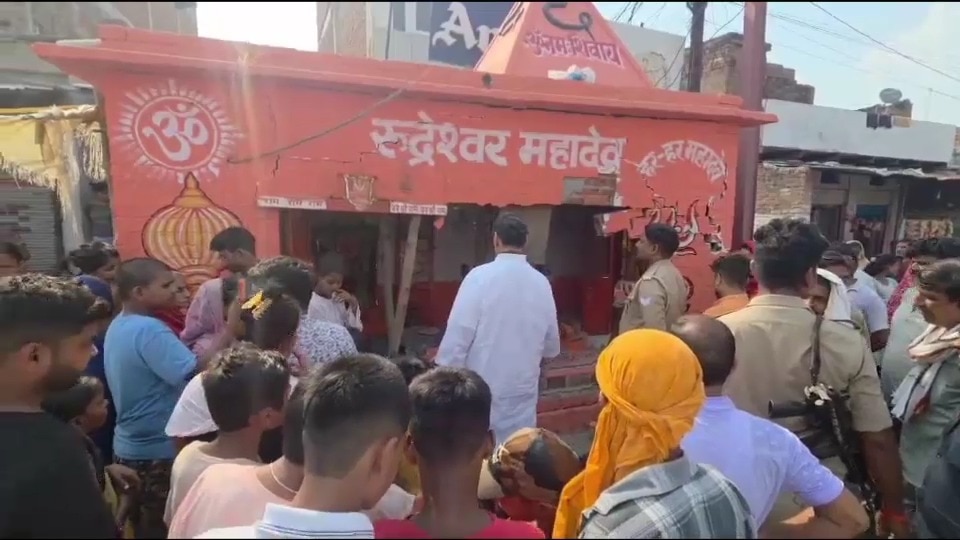 Crane tears through temple wall while reversing in UP's Mirzapur, sparks protest