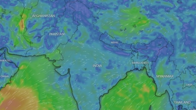A weather map shows monsoon winds advancing into southern parts of Gujarat. (Photo: Windy) Monsoon nears Gujarat as the state faces 84% rainfall deficit