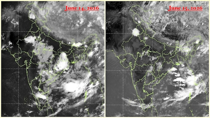 The situation is even more striking in satellite imagery from INSAT-3DS captured on June 14 and June 15. (Photo: IMD) Monsoon stuck IMD satellite rain