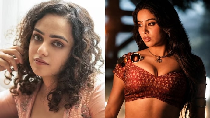 Nithya Menen (left) reacts to Janhvi Kapoor's (right) character being hypersexualized in Peddi. Nithya Menen (left) reacts to Janhvi Kapoor's (right) character being hypersexualized in Peddi.