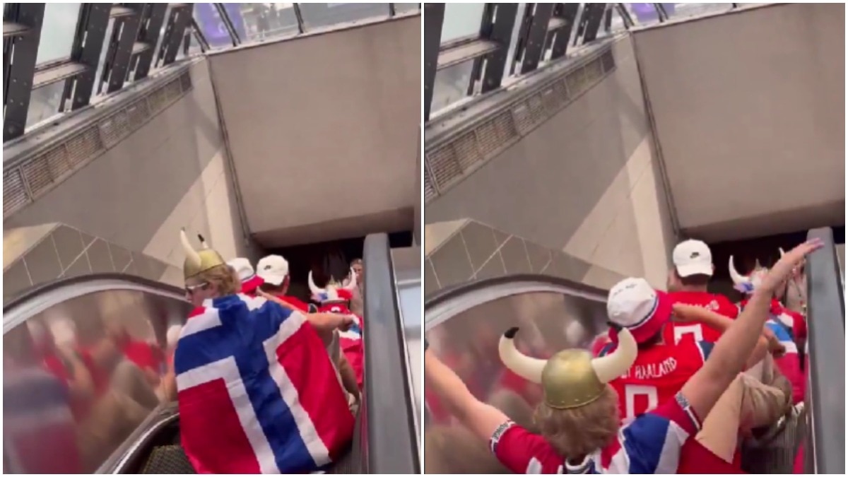 Norway fans perform 'Viking Row' on escalator en route FIFA World Cup in Boston