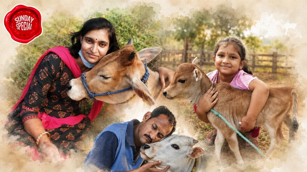 P Krishnam Raju (centre) said he has developed miniature, micro-miniature and nano cow varieties through selective breeding. (Image: India Today/ Special Arrangement)