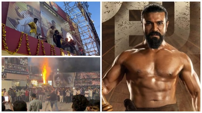 Fans (top left and bottom left) during the Peddi preview show at Brunda Theatre, Bengaluru; Ram Charan (right) in Peddi Peddi fever begins: Ram Charan fans burst crackers at the preview show. Video