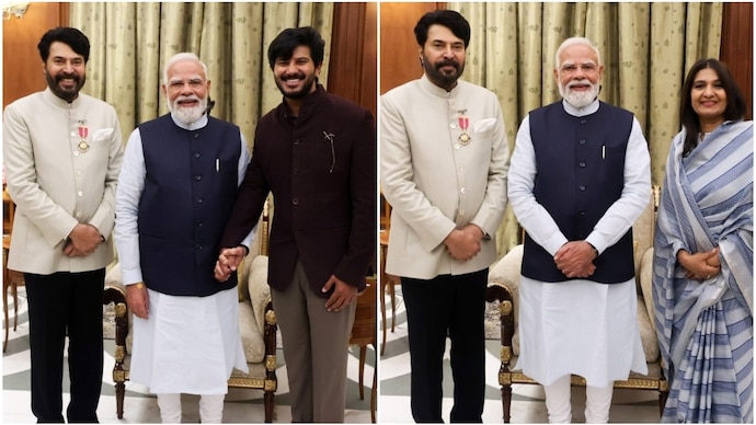 PM Modi meets Mammootty and his family after Padma ceremony. (Credit: Instagram/Narendramodi) PM Modi meets Mammootty and his family after Padma ceremony