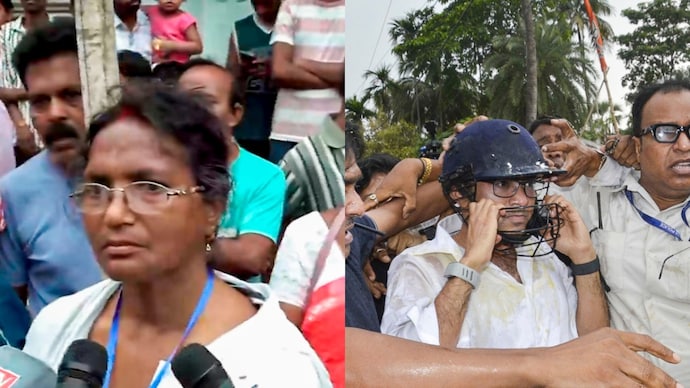 Stones and eggs were thrown at TMC leader Abhishek Banerjee in Sonarpur near Kolkata last week. (Photos: PTI) Ratna Debnath