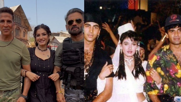 Raveena Tandon's reunion with Mohra actors Akshay Kumar and Suniel Shetty. (Photo Credit: Instagram/ Raveena Tandon) Raveena Tandon, Akshaye Khanna, Suniel Shetty