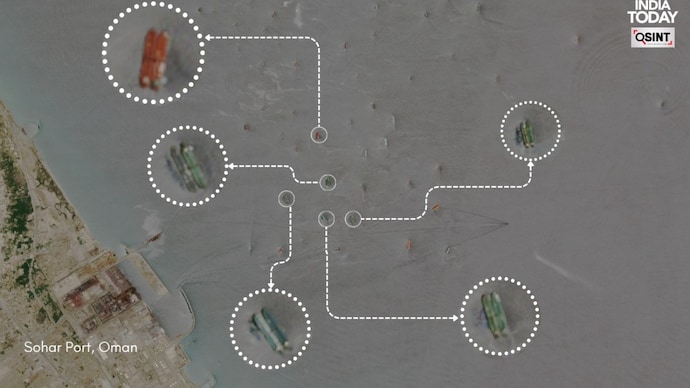 Satellite imagery shows ship-to-ship oil transfers taking place off Sohar port in Oman