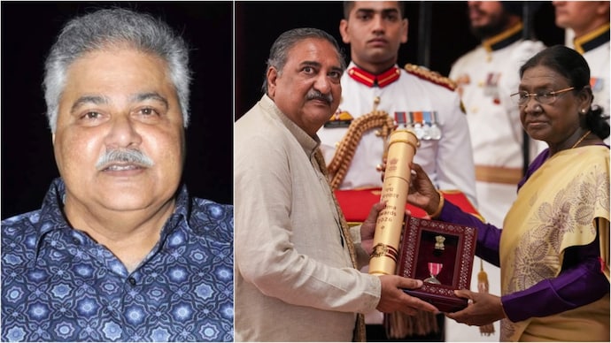 President Droupadi Murmu (R) presented the award to (L) Satish Shah’s cousin Arvind Mamania. (Credit: PTI) Satish Shah