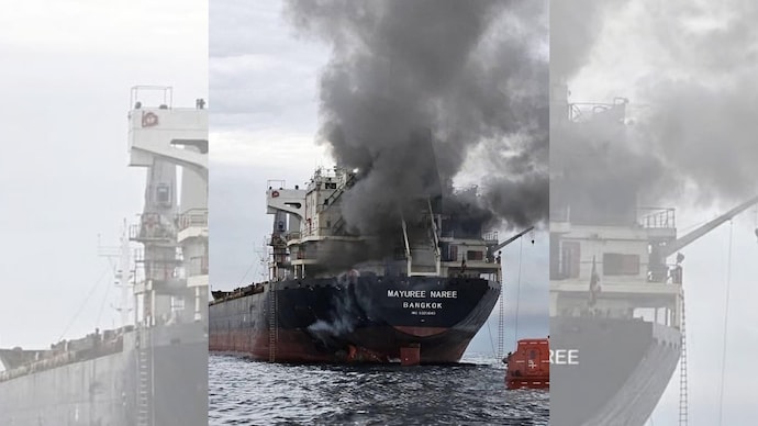 Thai cargo ship enroute to Gujarat port hit by 2 projectiles near Strait of Hormuz, 20 crew members rescued.