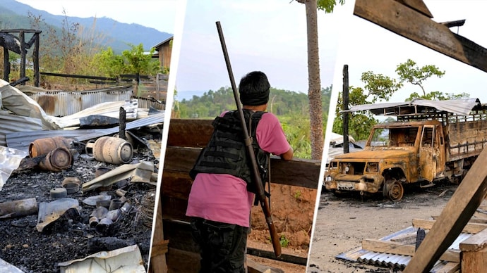 The charred remains of houses, a vehicle and other properties lie strewn across a village along the Indo-Myanmar border after an attack by the Kuki militants, and a Naga village guard stands vigil. (Photos: PTI) The charred remains of houses, a vehicle and other properties lie strewn across a village along the Indo-Myanmar border after an attack by the Kuki militants, and a Naga village guard stands vigil. (Photos: PTI)