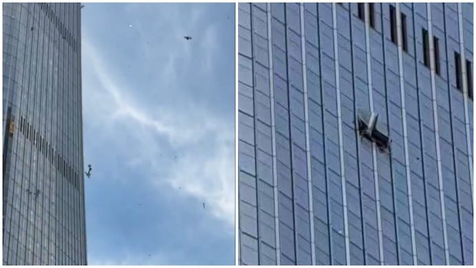 The crash has left visible damage to the building's exterior. (Photo: X/Takemikazuchi26)