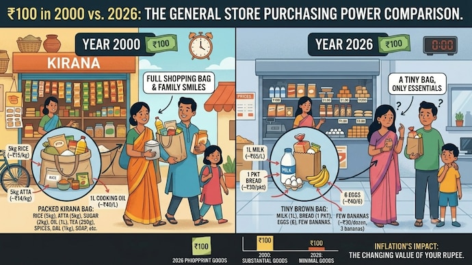 The purchasing power of Rs 100 has changed dramatically over the past 26 years. A comparison of everyday grocery prices shows just how much inflation has changed household budgets.