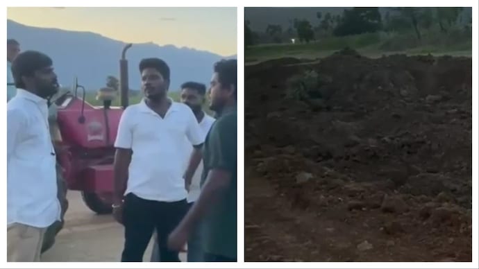 TVK MLA A Karthik (left) as seen during an argument with people accused of illegal sand mining in Tamil Nadu's Srivilliputhur. (Screengrab) TVK MLA A Karthik