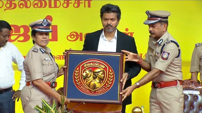 Vijay launching the 'Singappen' all-women police force in Chennai. (Photo: India Today)