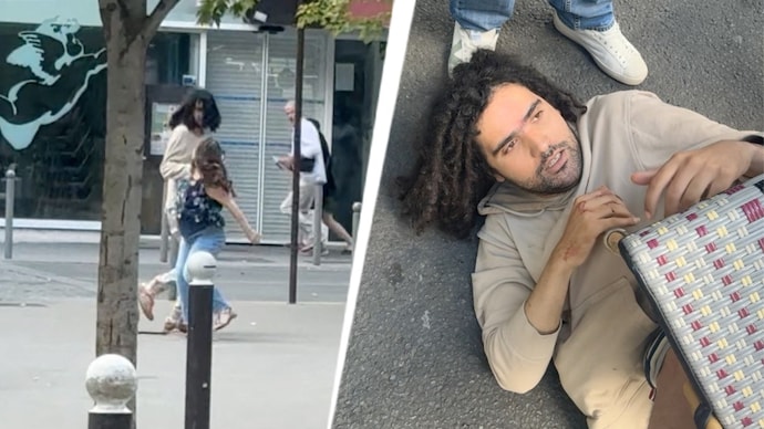 A man armed with two kitchen knives approaches a woman (L); the attacker after being overpowered by bystanders (R) (Photos: Reuters)