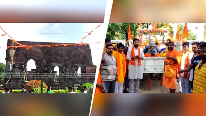 Adina Mosque (L); devotees gather near the mosque to install Shiva Lingam (R)