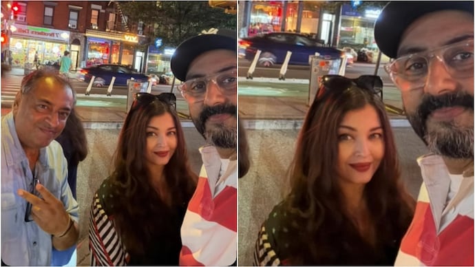 (Left) Aishwarya Rai Bachchan and (right) Abhishek Bachchan posed for a selfie with a fan. (Credit: Instagram/@ magicmikedjs) Aishwarya Rai Bachchan, Abhishek Bachchan