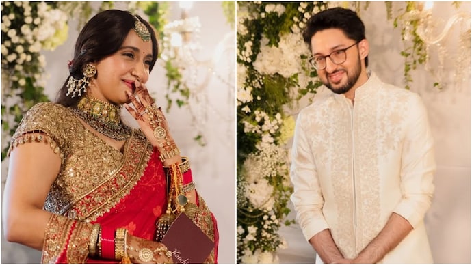 Akansha Ranjan tears up while reading vows to Sharan Sharma. (Photo: Instagram/Akansha Ranjan) Akansha Ranjan tears up while reading vows to Sharan Sharma