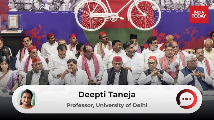Akhilesh Yadav seeks to attract the BJP's core Hindu voter base without distancing itself from what critics describe as Muslim appeasement.