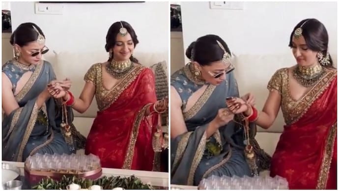 Alia Bhatt (L) ties kaleera to Akansha Kapoor's (R) chooda. Alia Bhatt (L) ties kaleera to Akansha Kapoor's (R) chooda.