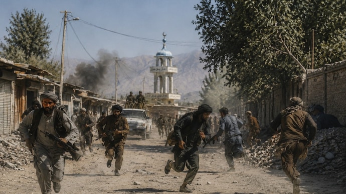 An AI-enhanced visual based on a screengrab from one of the viral clips that purportedly captured the brief takeover of Yaftal-e-Paeen district headquarters.
