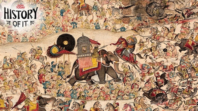 An early 19th-century painting by Rajput artist Chokha of Devgarh depicting Maharana Pratap's charge at Raja Man Singh's elephant during the Battle of Haldighati. (Image: Royal Asiatic Society)