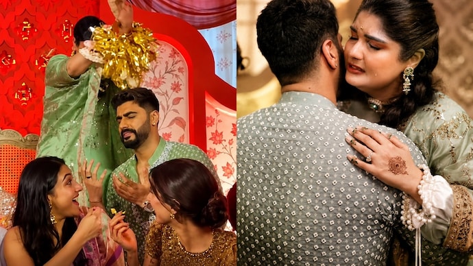 Arjun Kapoor reacts as Anshula Kapoor's kaleera falls on him. (Photo Credit: Instagram/ Anshula Kapoor) Arjun Kapoor, Anshula Kapoor