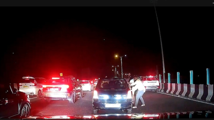 The incident, captured on the dashcam of a vehicle travelling behind, has since gone viral on social media.