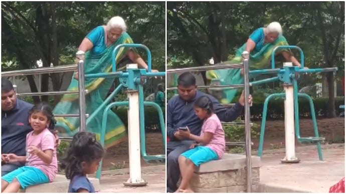 Bengaluru woman's vigorous workout on park gym machine raises safety concerns (Photos: Sandeep Parswanath/X) Bengaluru woman's vigorous workout on park gym machine raises safety concerns
