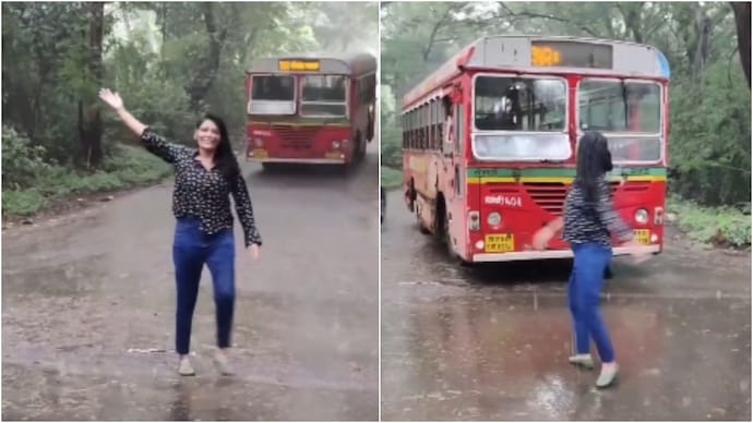 Bus stops behind woman filming reel on road amid heavy rain, but she keeps dancing (Photos: Ruby/X) Bus stops behind woman filming reel on road amid heavy rain but she keeps dancing