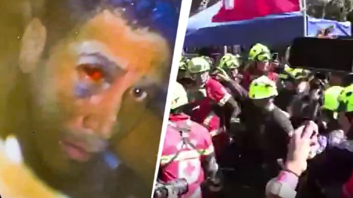 Camera captures Hernan Gil Flores trapped beneath earthquake rubble.